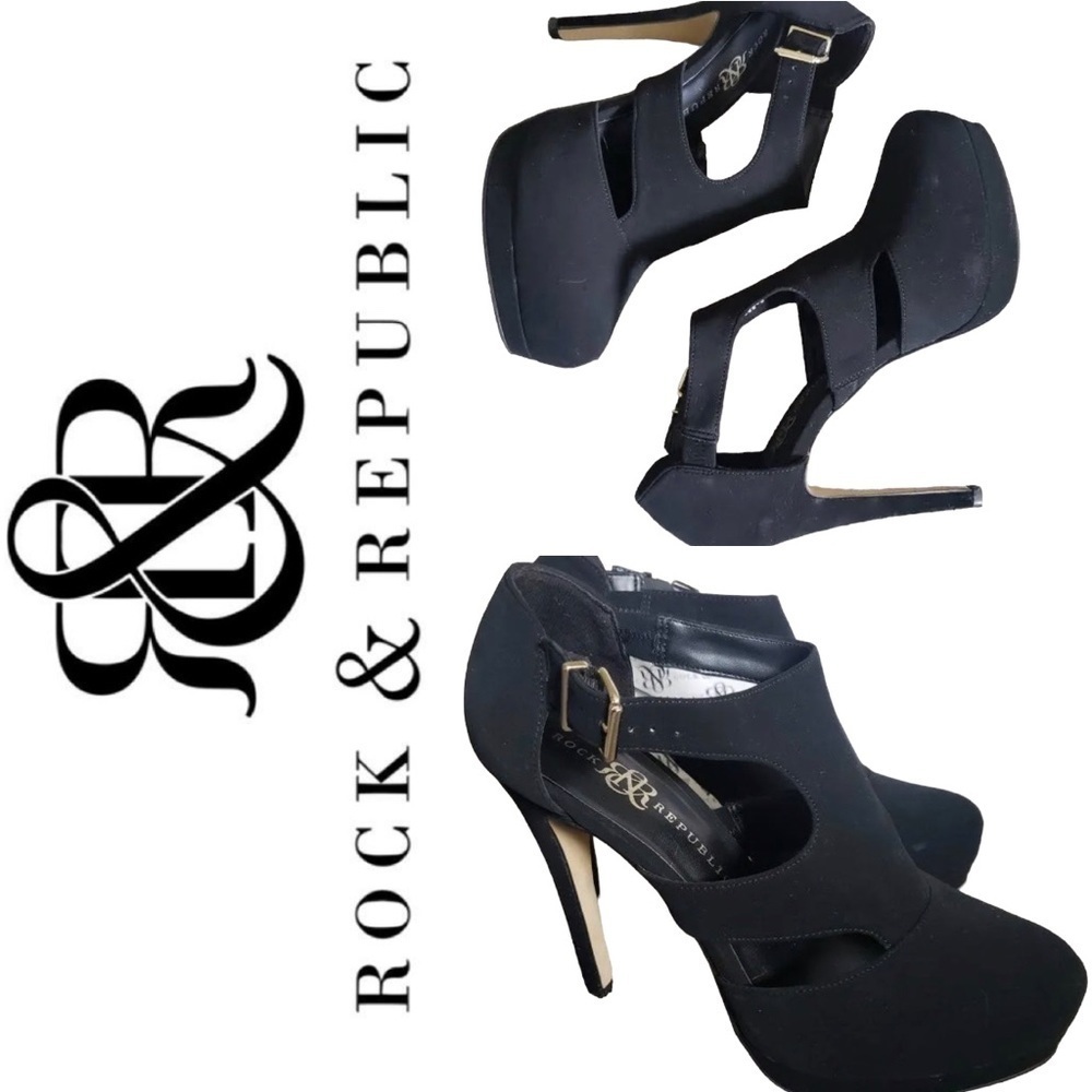 💫 Rock & Republic Ashby Stiletto Caged Style Platforms in Faux Black Suede 10M